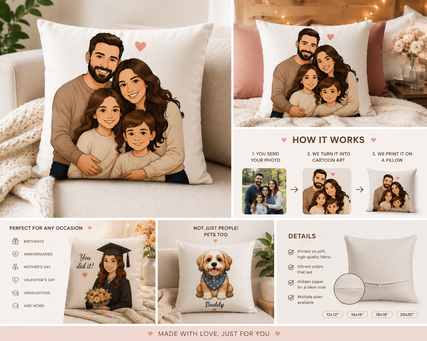 Custom Photo Pillow Cover | Personalized Family Portrait Pillow | Polyester Sublimation Pillow Cover | Gift for Couple & Family